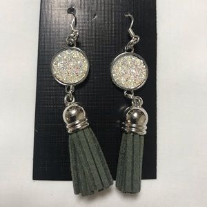 Hunter Green Druzy Fringe Drop Earrings